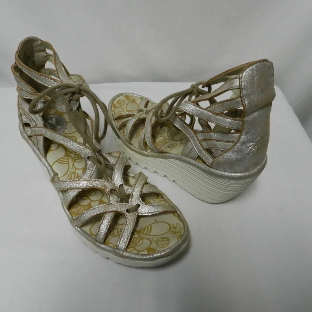 Fly London Yuke Leather Wedge Gladiator strappy sandals heels silver Size 38  8
